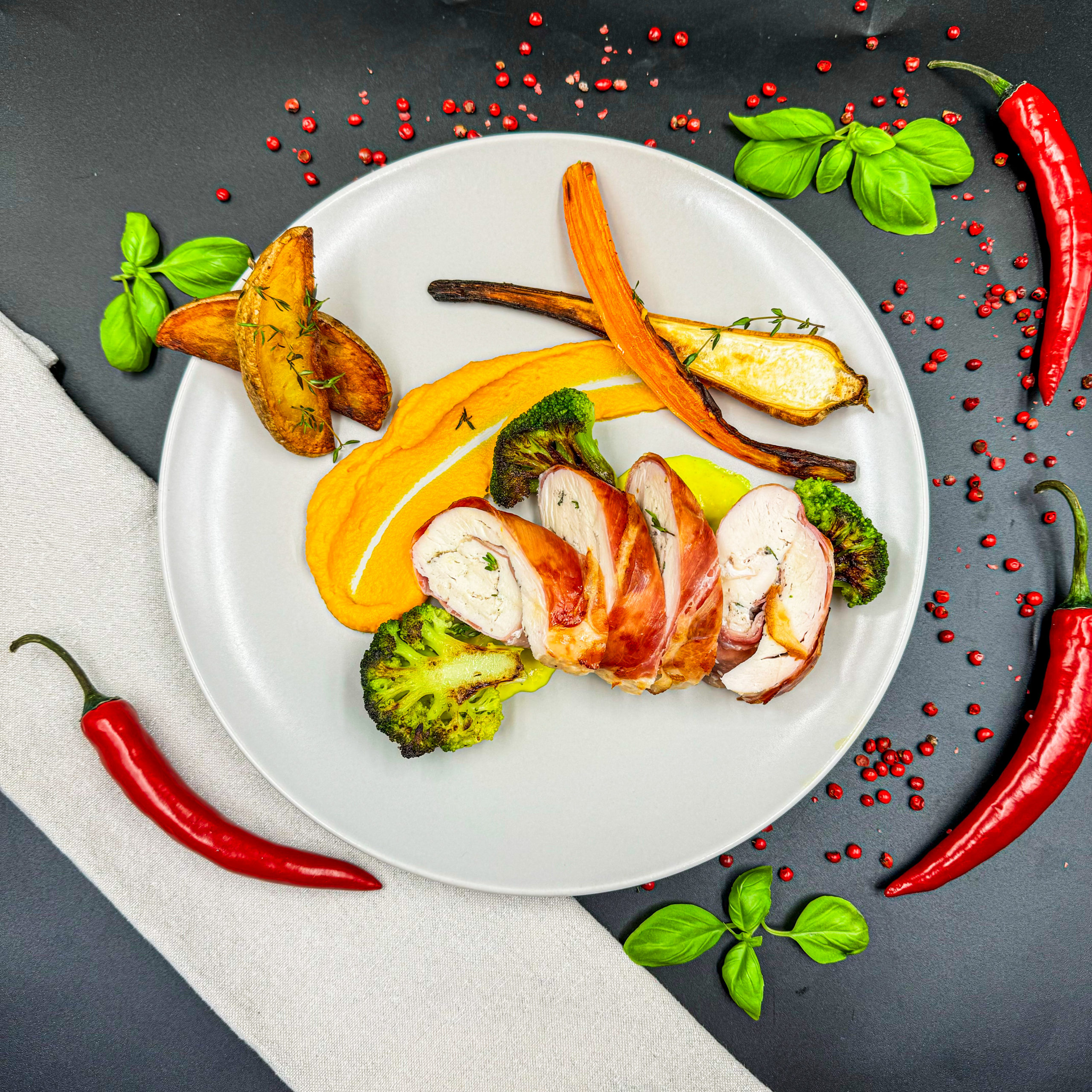 Parma-Hähnchen mit Süßkartoffelpüree