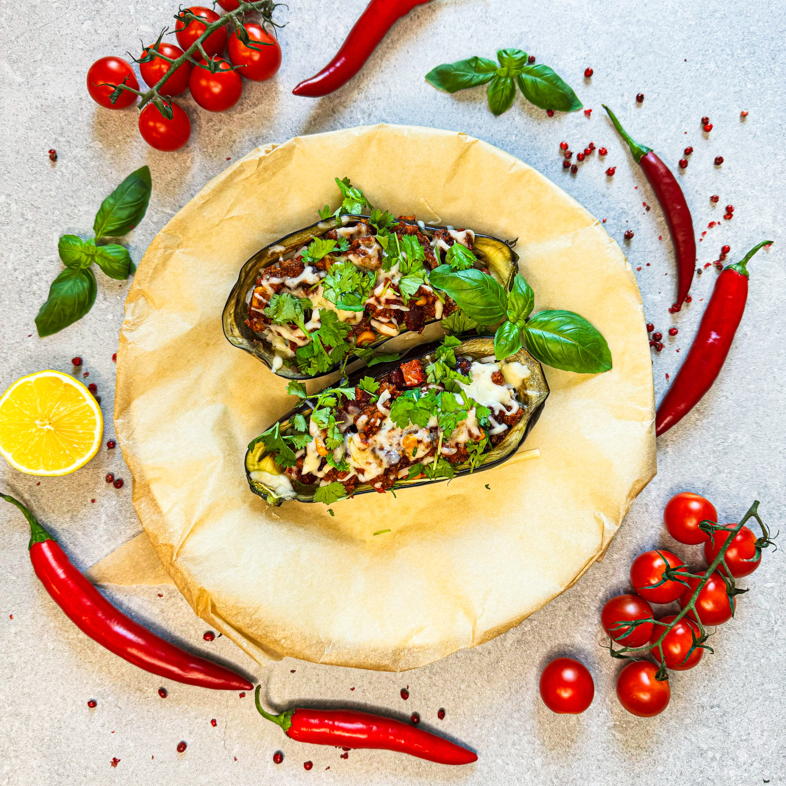 Ofen-Aubergine mit Bolognese